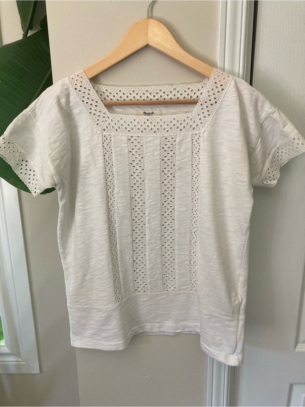 Madewell White Crochet-Panel Short Sleeve Top